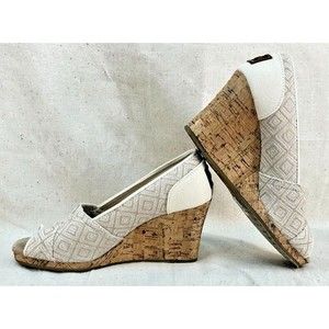 Toms Women's 6 Stella Cream Woven Peep Toe Sandals 3.5" Cork Wedge Heels